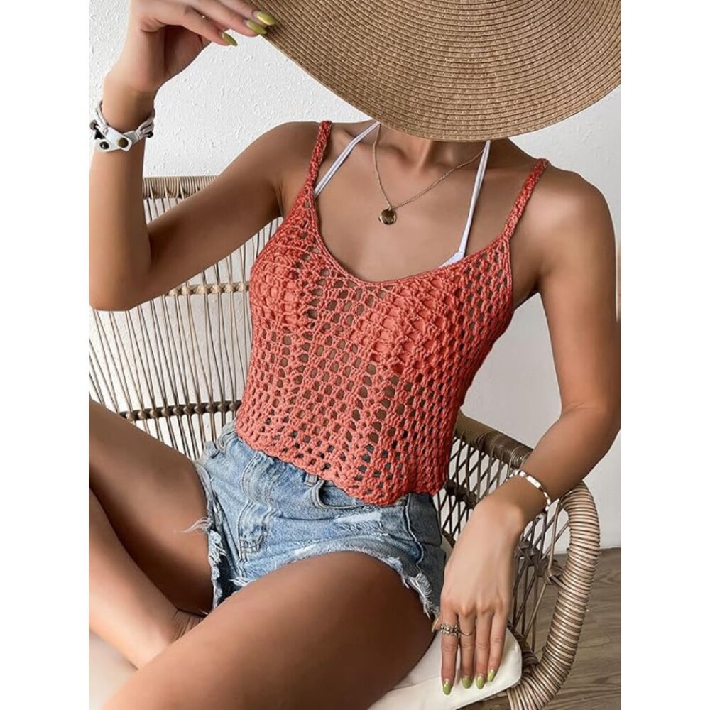 Crochet V-Neck Spaghetti Strap Crop Top